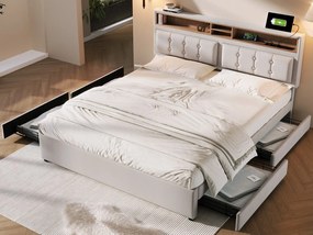 Łóżko małżeńskie 160 x 200 cm z 4 szufladami i gniazdem USB C - regulowany zagłówek - beżowe