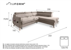 Beżowy aksamitny rozkładany narożnik (prawostronny) Sweet Harmony – Miuform