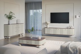 Komoda Vesper 160 cm z szufladami - kaszmir / orzech / złote uchwyty / nogi kule