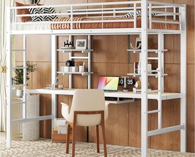 Łóżko mezzanine 90x200cm - z biurkiem i półkami - metalowa rama - Biała
