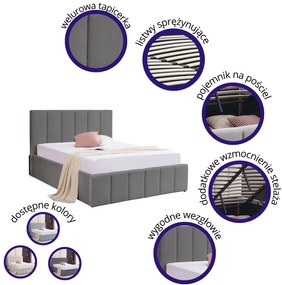 Łóżko Tapicerowane 140x200 Z MATERACEM, stelaż, pojemnik na pościel szary PRATO