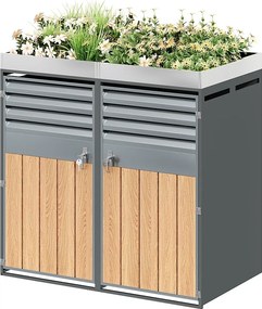 Schowek na 2 ogrodowe kosze na śmieci - 132 x 80 x 124,5 cm - z żaluzjami + z zamkiem + 2 drzwiami + nasadzeniami - metal - szary + naturalny