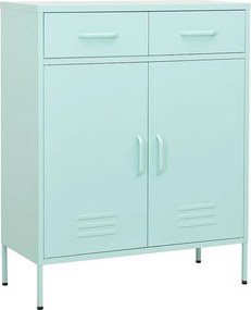 Szafa magazynowa z zielonej stali miętowej 80x35x101,5 cm z 2 drzwiami, 2 szufladami na łożyskach kulkowych i regulowaną półką