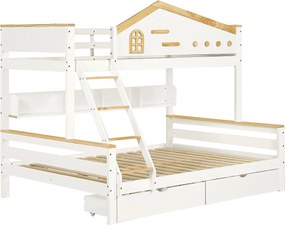 Łóżko piętrowe 90 x 200 cm i 140 x 200 cm – z 2 szufladami, półkami, stelaż z listew – białe i wykończenie naturalne