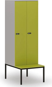 Drewniana szafa ubraniowa S4 z ławką, 2-drzwiowa, 1871 x 600 x 500/800 mm, demontaż, zamek mechaniczny z kodem, szary/zielony