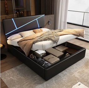 Łóżko tapicerowane ze schowkiem - 90 x 200 cm - z diodami LED i oparciem - skóra syntetyczna - kolor czarny