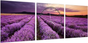 Obraz - Pole lawendy o zachodzie słońca (z zegarem) (90x30 cm)
