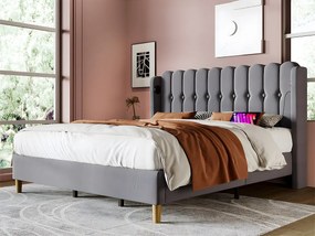 Łóżko 180x200cm tapicerowane lnem - z portami ładowania i stelażem na listwy - Szare