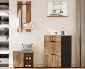 Zestaw szatni wejściowej 4-częściowy - szafa na buty i ławka na buty - lustro i wieszak - Kolor naturalny + Czarny