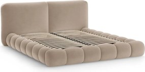 Jasnobrązowe tapicerowane łóżko dwuosobowe ze schowkiem ze stelażem 160x200 cm Solange – Micadoni