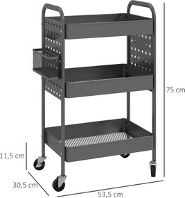 HOMCOM Wózek Kuchenny na Kółkach z 3 Poziomami i 2 Koszami Ciemnoszary | Aosom PL