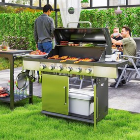 Outsunny Grill Gazowy 8500BTU z Wózkiem, 6 Palników ze Stali Nierdzewnej, Termometr, Regulator Ciśnienia 141 x 55 x 110 cm Srebrny