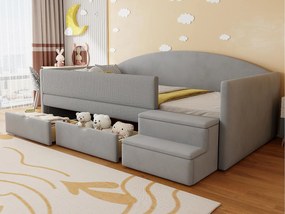 Tapicerowane łóżko dziecięce 90x190 cm - z 2 szufladami - z stopniami - welur - szary (materac nie jest wliczony w cenę)
