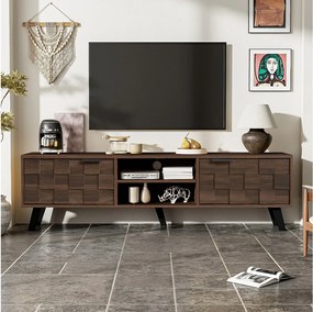 Nowoczesna szafka RTV - 160,5 x 35,5 x 45 cm - z 2 drzwiami + 2 otwartymi przegrodami - drewno - ciemny naturalny