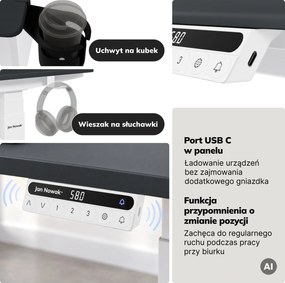 Biurko elektryczne z regulacją wysokości ergonomiczne biało-antracytowe,1400x700 mm: ARIA