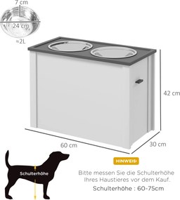 PawHut Stacja do karmienia zwierząt Podwyższone miski 1 Przechowywanie 2 Miski ze stali nierdzewnej, 60 x 30 x 42cm, Biało-Szary