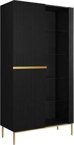 Witryna Nicole 100 cm z ryflowanym frontem - czarny mat / złote nóżki