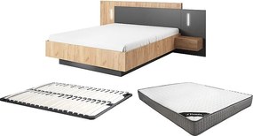 Łóżko z szafkami nocnymi 160 x 200 cm - 2 szuflady - Z oświetleniem LED - Kolor: Naturalny i antracyt + Stelaż + Materac - FRANCOLI