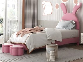 Łóżko dziecięce z weluru - 90x200 cm - składane uszy królika z LED - 2 stołki do przechowywania - Różowy