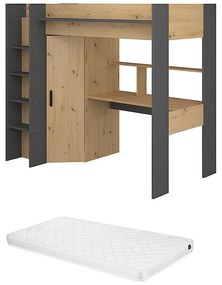 Łóżko z antresolą z biurkiem i szafą – 90 × 200 – kolor naturalny i antracytowy, materac w zestawie - AUCKLAND