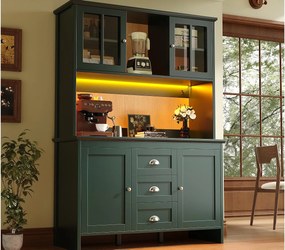 Kredens kuchenny 120x40x179cm - 4 drzwi + 3 szuflady + 8 półek - meble wysokie - z oświetleniem LED - Styl retro - Zielony
