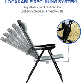 Outsunny Zestaw 2 składanych krzeseł, leżaki, odporny na warunki atmosferyczne, 5-poziomowa regulacja oparcia, konstrukcja metalowa, Szary