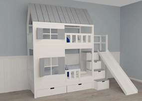 Łóżko piętrowe domek Marulla 101P+Z z pełnym dachem, schodkami, oknami i zjeżdżalnią