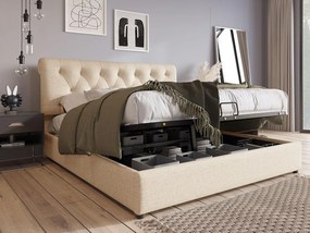 Łóżko z tapicerowanym zagłówkiem z lnu - 160x200cm - z stelażem na listwy - Jasne naturalne