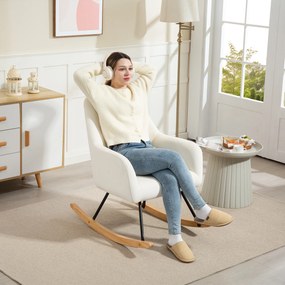 HOMCOM Fotel bujany, miękka tapicerka w wyglądzie aksamitu, gruba poduszka, szerokie oparcie, kremowobiały