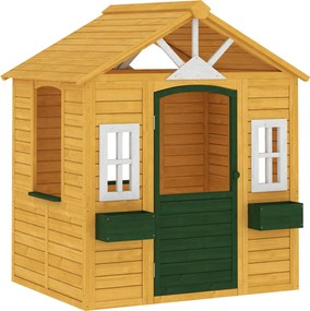 AIYAPLAY Drewniany domek ogrodowy dla dzieci z drzwiami, 3 oknami i 2 skrzynkami na kwiaty, dla dzieci w wieku 3-8 lat, 134,5 x 97 x 150 cm, brązowy | Aosom PL
