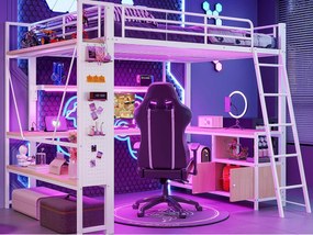 Łóżko na antresoli 140x200 cm - Konstrukcja stalowa - Oświetlenie LED - Biurko z półką - Port USB - Biały​ (materac nie jest wliczony w cenę)