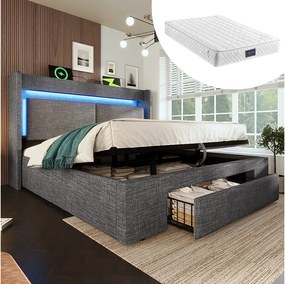 Łóżko tapicerowane hydrauliczne ze schowkiem - 160 x 200 cm - ze schowkiem na pościel w zagłówku + diody LED + USB + szuflada - pościel - szare (z materacem)