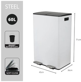 Stalowy kosz na śmieci 2x30 l do segregacji odpadów/z pedałem w matowym białym kolorze Aliya – Spirella