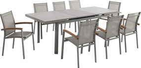 Zestaw mebli ogrodowych jadalnianych z aluminium: stół rozkładany dł. 180/240 cm i 8 sztaplowanych foteli z akacjowymi podłokietnikami - Taupe - NAURU marki MYLIA