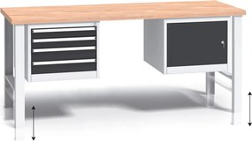 Stół warsztatowy z regulacją wysokości G3, 2000 x 685 x 840-1050 mm, 1x 4 szufladowy kontener, 1x szafka, grafitowy