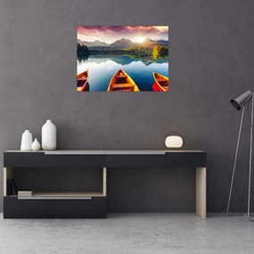 Obraz na szkle - Jezioro z łodziami (70x50 cm)
