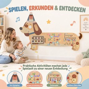 AIYAPLAY Montessori panel motoryczny drewniany Busy Board w kształcie jamnika montowany na ścianie z ksylofonem, zębatkami i bębenkiem | Aosom PL