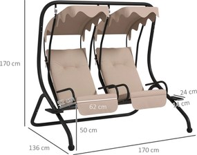 Outsunny Huśtawka ogrodowa typu Hollywood, odporna na warunki atmosferyczne, 2 oddzielne siedzenia, 2 podstawki na napoje, 170 cm x 136 cm x 170 cm, Beżowa