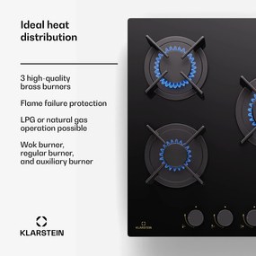 Klarstein Goldflame, płyta gazowa, 3-palnikowa, mosiężne palniki, ceramika szklana, czarna