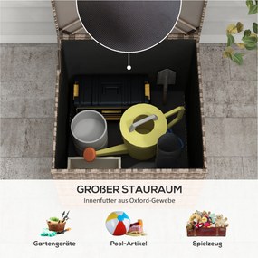 Outsunny Skrzynia na poduszki z polirotangu, wyściółka wewnętrzna, łatwe otwieranie/zamykanie, rama metalowa, 75S x 75G x 70W cm, Kolor czarny