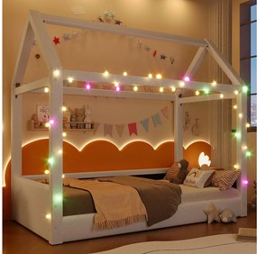 Sofa tapicerowana z funkcją spania - 90 x 200 cm - z diodami LED + baldachim - MDF - beżowa