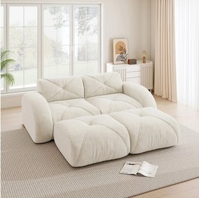 Kanapa 2-osobowa modułowa z 2 pufami z weluru, design minimalistyczny bez ramy, głębokie i elastyczne siedzisko - Biały