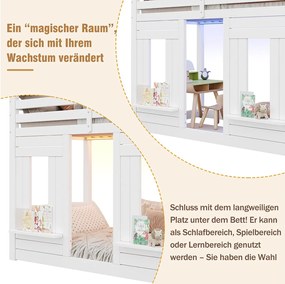 Łóżko piętrowe dla dzieci - 2 x 90 x 200 cm - z oświetleniem LED + schody ze schowkiem - kształt okna - drewno - białe