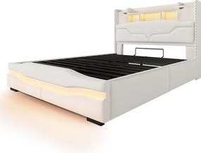 Łóżko z pojemnikiem 140x200 cm, łóżko dla dorosłych z USB i oświetleniem LED, zagłówek ze schowkiem - Beżowa len (bez materaca)