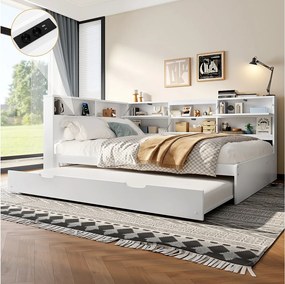 Sofa dziecięca rozkładana - 140 x 200 cm + 90 x 190 cm - łóżko wysuwane - zagłówek ze schowkiem - drewno + MDF - biała