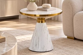 Stolik kawowy Natario z ceramicznym blatem w kolorze białego marmuru i złotą metalową podstawą