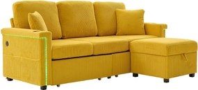 Sofa 3-osobowa z żółtego sztruksu z LED i USB, podnóżkiem ze schowkiem i 2 szufladami
