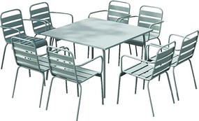 Zestaw mebli jadalnianych ogrodowych z metalu - stół o dł. 120 cm i 8 sztaplowanych foteli - Migdałowa zieleń - MIRMANDE marki MYLIA