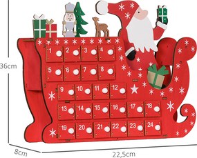 HOMCOM Kalendarz adwentowy Święty Mikołaj na saniach, 24 przegródki, wielokrotnego użytku, 22,5x8x36 cm, Czerwony