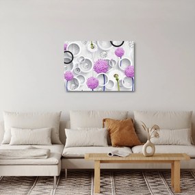 Obraz na szkle - abstrakcja 3D z koła i kwiaty (70x50 cm)